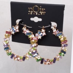 Hoop Pierce Earrings Gold Tone Multi-color Rhinestones nOir